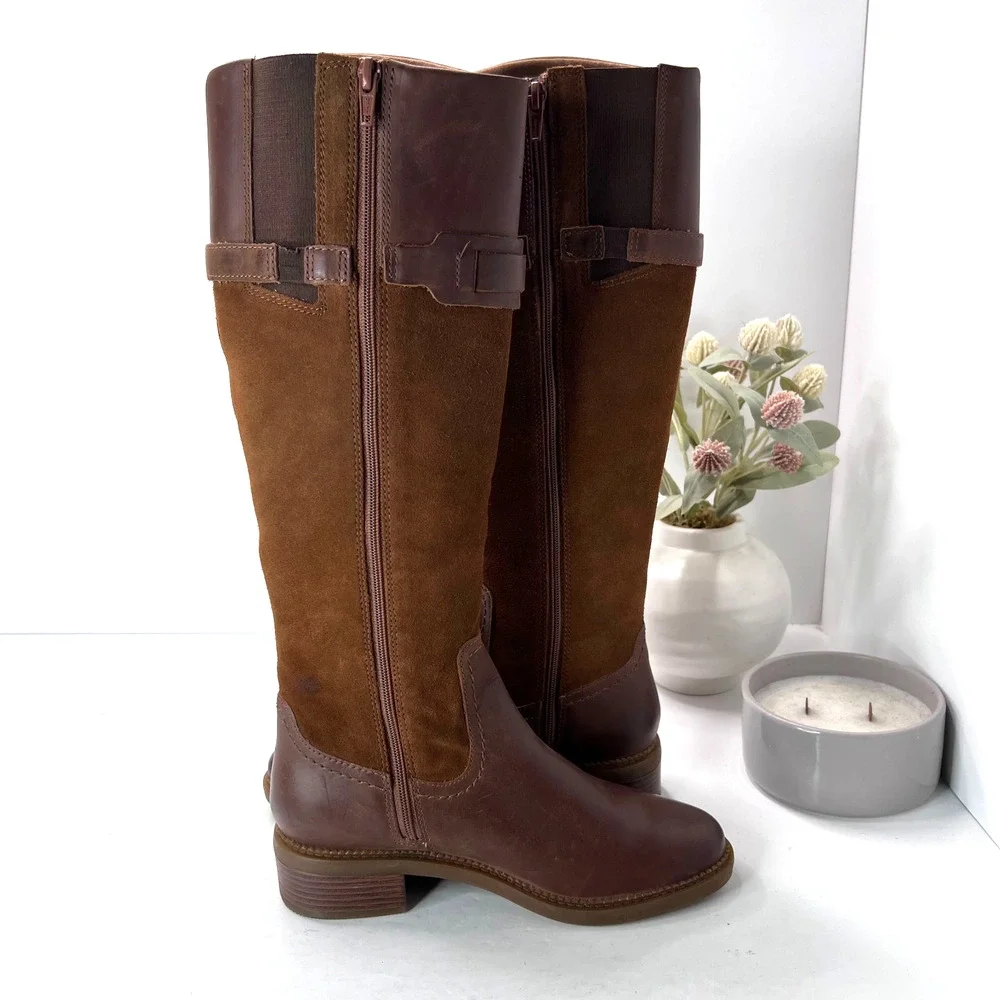 Clarks Maye Carly Leather/Suede Knee High Boots Buckle Detail Brown Women's 6M